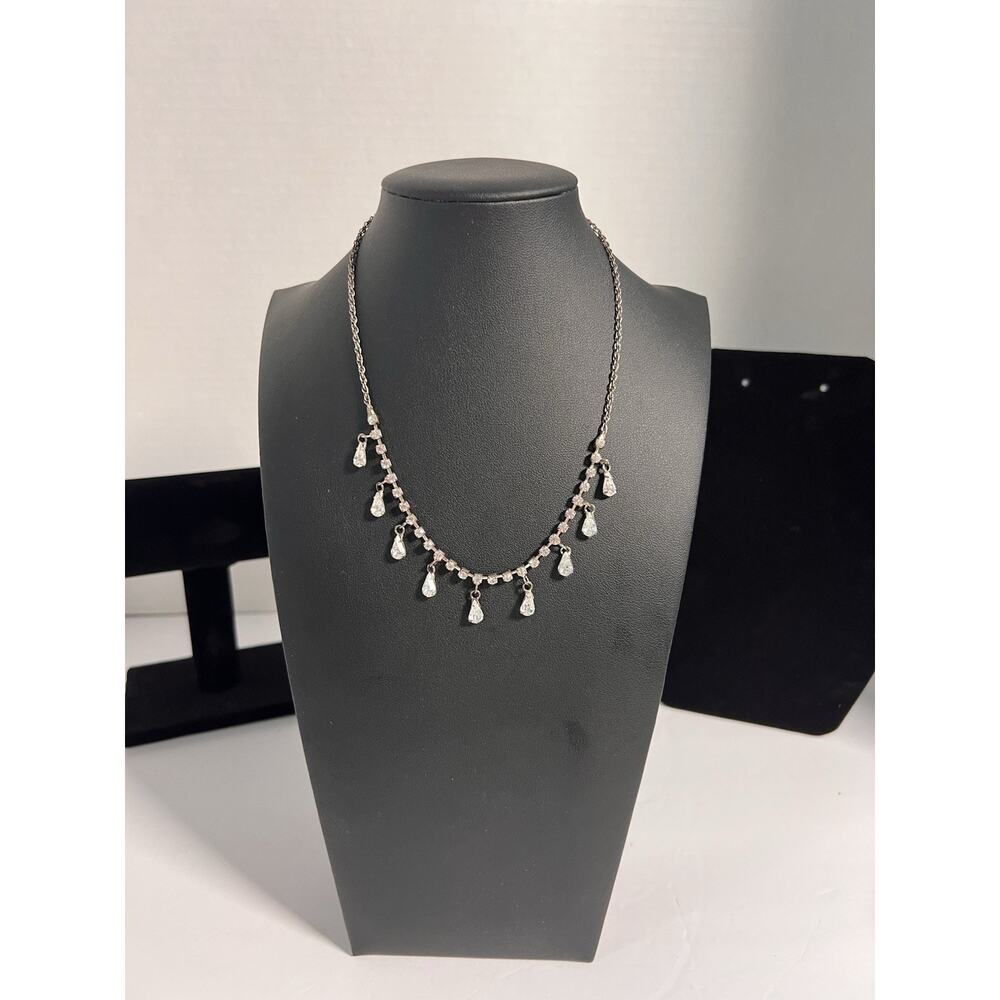 Vtg Teardrop Charm Tennis Choker Necklace Rhinestone Retro 14” L